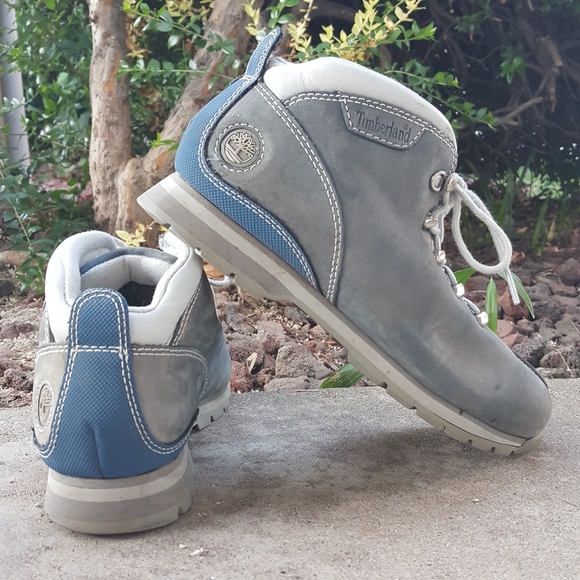 8 OLD SCHOOL LEATHER TIMBERLAND BLUE & GRAY LEATHER LACE UP BOOTS - Picture 1 of 13